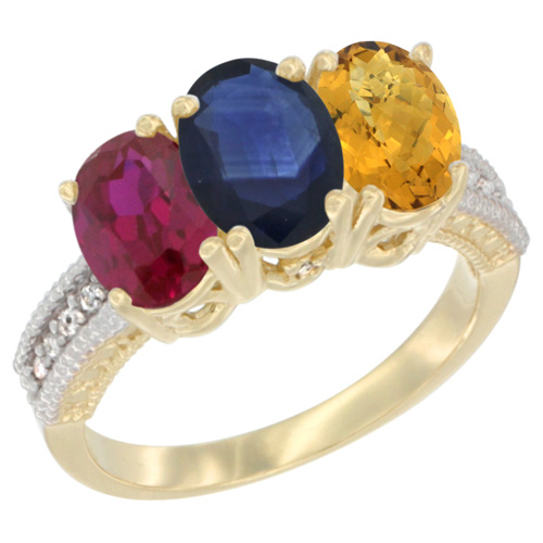 10K Yellow Gold Enhanced Ruby, Natural Blue Sapphire & Whisky Quartz Ring 3-Stone Oval 7x5 mm, sizes 5 - 10