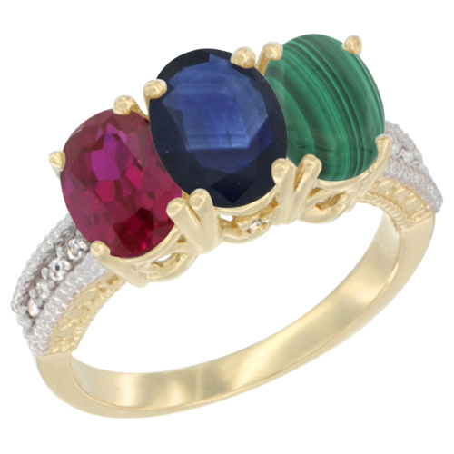 10K Yellow Gold Enhanced Ruby, Natural Blue Sapphire & Malachite Ring 3-Stone Oval 7x5 mm, sizes 5 - 10