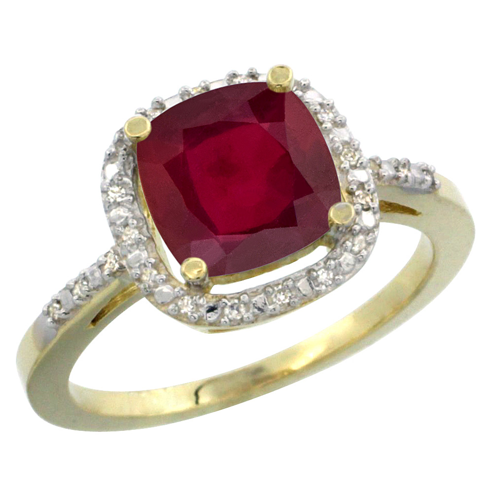 14K Yellow Gold Diamond and Enhanced Genuine Ruby Ring Cushion-cut 8x8mm, sizes 5-10