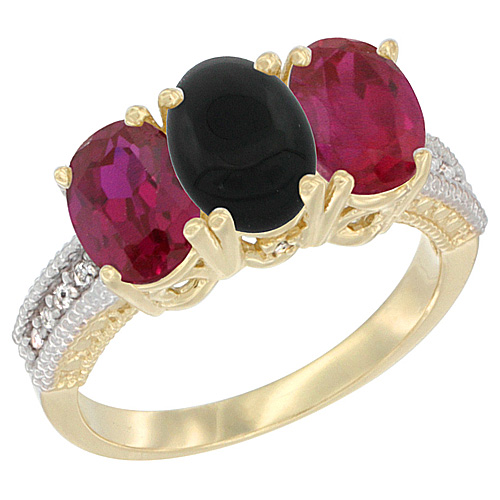 10K Yellow Gold Natural Black Onyx & Enhanced Ruby Ring 3-Stone Oval 7x5 mm, sizes 5 - 10