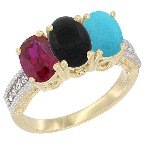 10K Yellow Gold Enhanced Ruby, Natural Black Onyx & Turquoise Ring 3-Stone Oval 7x5 mm, sizes 5 - 10