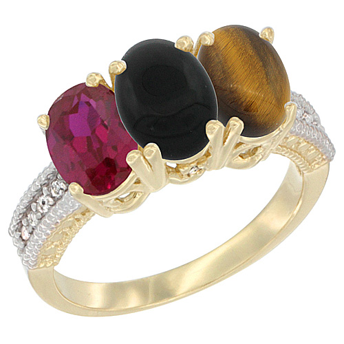 10K Yellow Gold Enhanced Ruby, Natural Black Onyx & Tiger Eye Ring 3-Stone Oval 7x5 mm, sizes 5 - 10