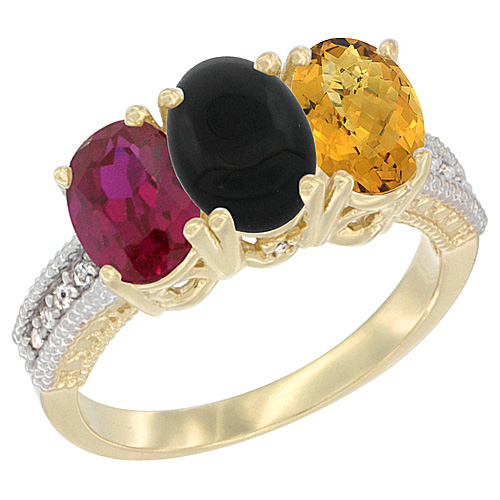10K Yellow Gold Enhanced Ruby, Natural Black Onyx & Whisky Quartz Ring 3-Stone Oval 7x5 mm, sizes 5 - 10