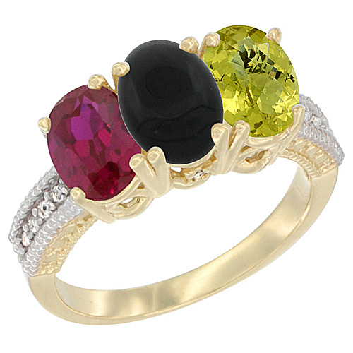 10K Yellow Gold Enhanced Ruby, Natural Black Onyx & Lemon Quartz Ring 3-Stone Oval 7x5 mm, sizes 5 - 10