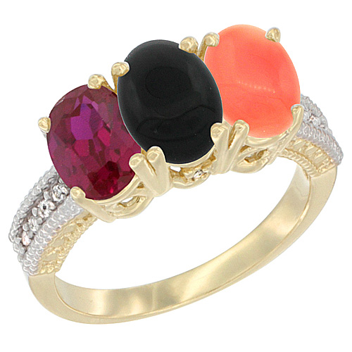 10K Yellow Gold Enhanced Ruby, Natural Black Onyx & Coral Ring 3-Stone Oval 7x5 mm, sizes 5 - 10