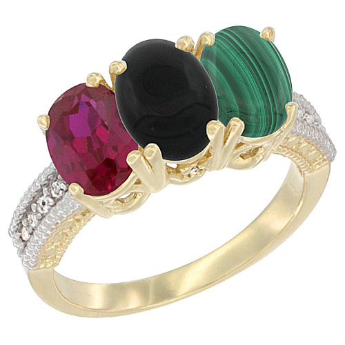 10K Yellow Gold Enhanced Ruby, Natural Black Onyx & Malachite Ring 3-Stone Oval 7x5 mm, sizes 5 - 10