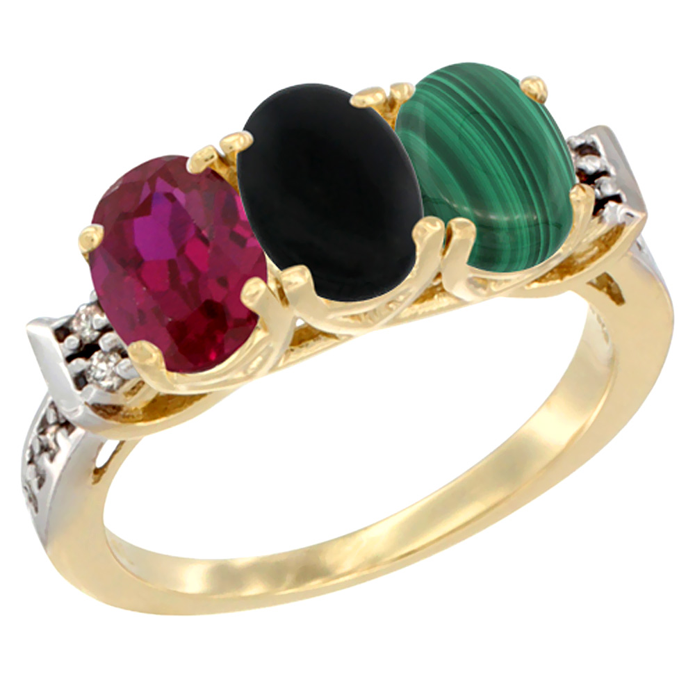 10K Yellow Gold Enhanced Ruby, Natural Black Onyx & Malachite Ring 3-Stone Oval 7x5 mm Diamond Accent, sizes 5 - 10