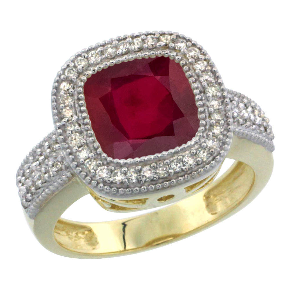 14K Yellow Gold Diamond and Enhanced Genuine Ruby Ring Cushion-cut 9x9mm, sizes 5-10