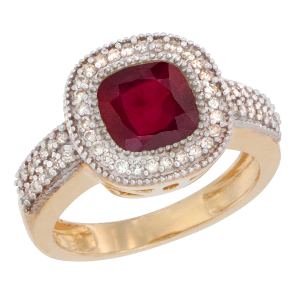 14K Yellow Gold Diamond and Enhanced Genuine Ruby Ring Cushion-cut 7x7mm, sizes 5-10