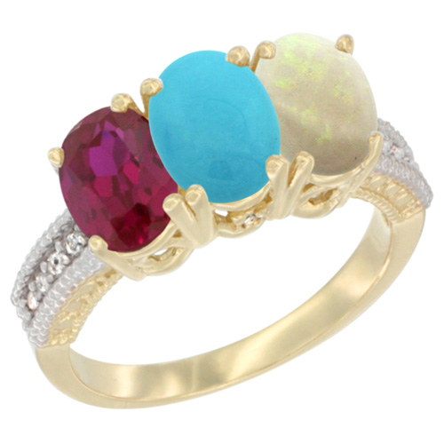 10K Yellow Gold Enhanced Ruby, Natural Turquoise & Opal Ring 3-Stone Oval 7x5 mm, sizes 5 - 10