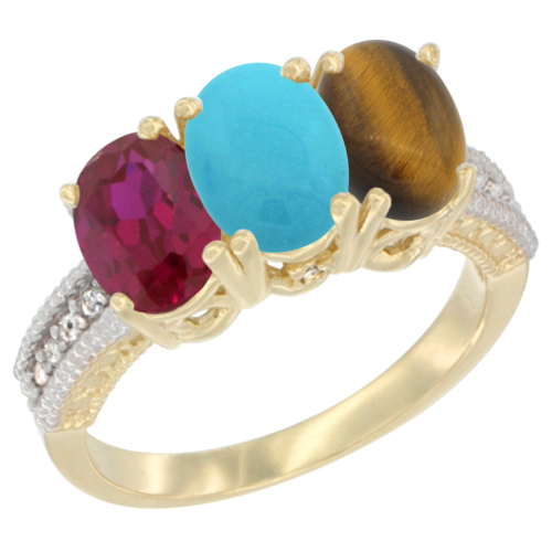 10K Yellow Gold Enhanced Ruby, Natural Turquoise & Tiger Eye Ring 3-Stone Oval 7x5 mm, sizes 5 - 10