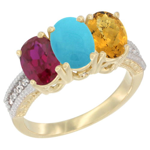 10K Yellow Gold Enhanced Ruby, Natural Turquoise & Whisky Quartz Ring 3-Stone Oval 7x5 mm, sizes 5 - 10