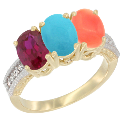 10K Yellow Gold Enhanced Ruby, Natural Turquoise & Coral Ring 3-Stone Oval 7x5 mm, sizes 5 - 10