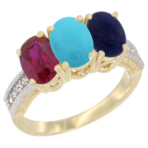 10K Yellow Gold Enhanced Ruby, Natural Turquoise & Lapis Ring 3-Stone Oval 7x5 mm, sizes 5 - 10