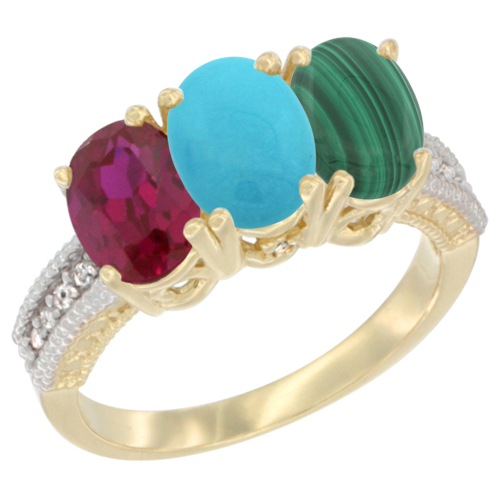 10K Yellow Gold Enhanced Ruby, Natural Turquoise & Malachite Ring 3-Stone Oval 7x5 mm, sizes 5 - 10