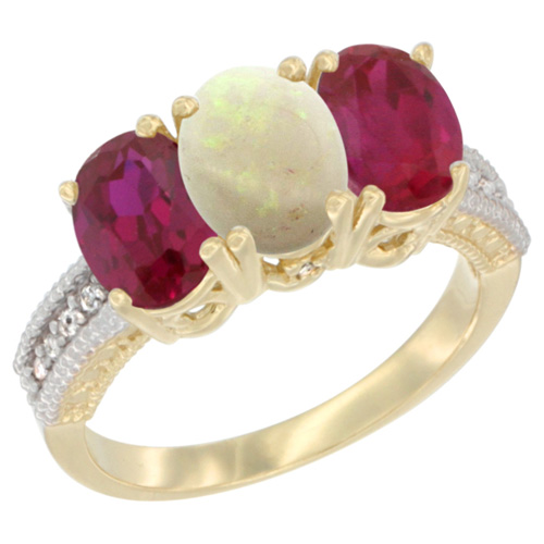 10K Yellow Gold Diamond Natural Opal & Enhanced Ruby Ring 3-Stone 7x5 mm Oval, sizes 5 - 10