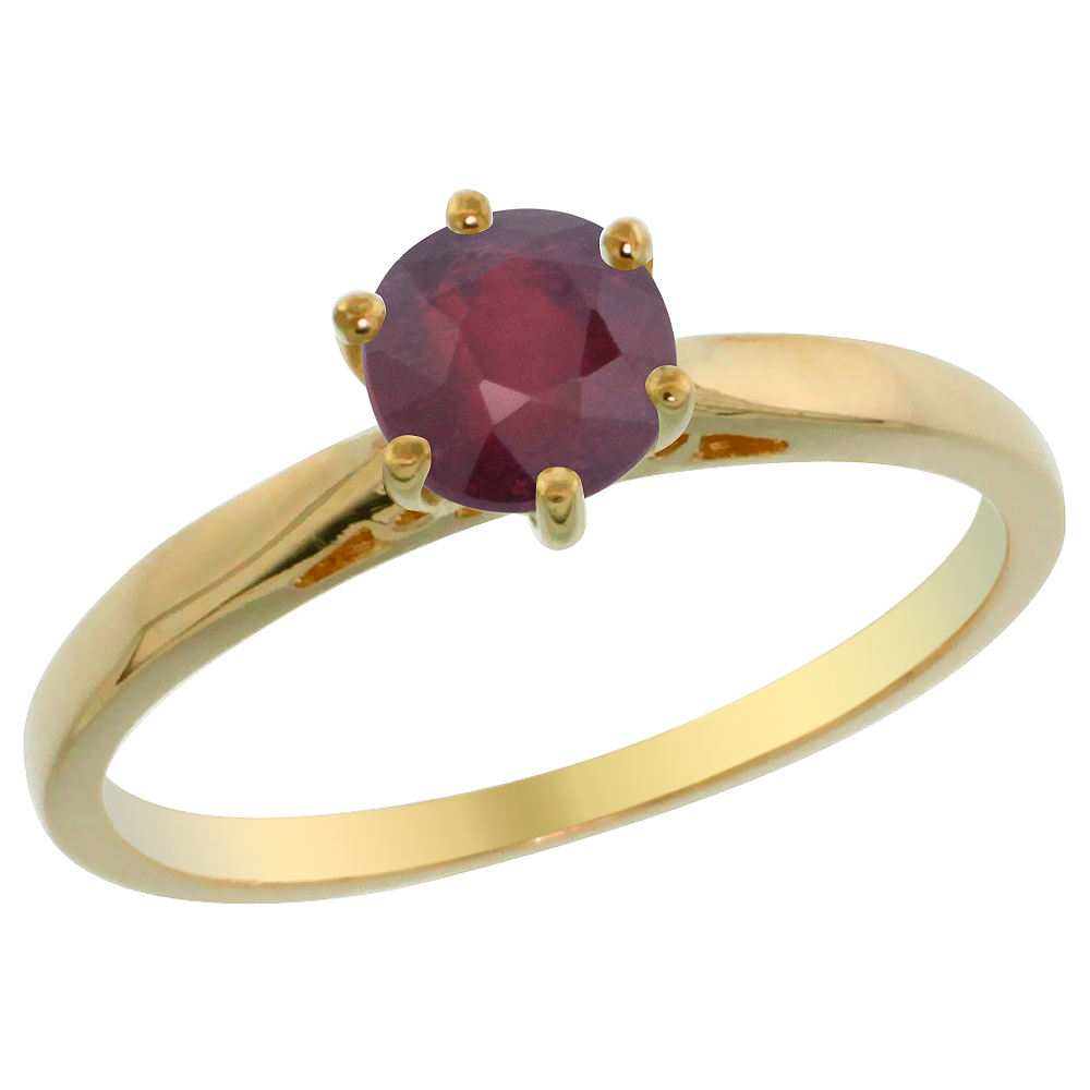 14K Yellow Gold Natural Enhanced Genuine Ruby Solitaire Ring Round 5mm, sizes 5 - 10