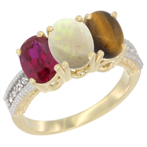 10K Yellow Gold Diamond Enhanced Ruby, Natural Opal & Tiger Eye Ring 3-Stone 7x5 mm Oval, sizes 5 - 10