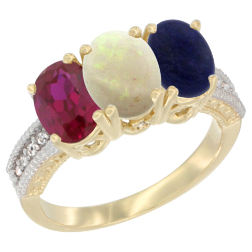 14K Yellow Gold Enhanced Ruby, Natural Opal & Lapis Ring 3-Stone 7x5 mm Oval Diamond Accent, sizes 5 - 10