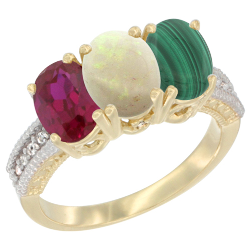 14K Yellow Gold Enhanced Ruby, Natural Opal & Malachite Ring 3-Stone 7x5 mm Oval Diamond Accent, sizes 5 - 10