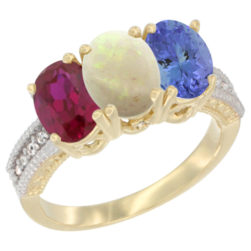 14K Yellow Gold Enhanced Ruby, Natural Opal & Tanzanite Ring 3-Stone 7x5 mm Oval Diamond Accent, sizes 5 - 10