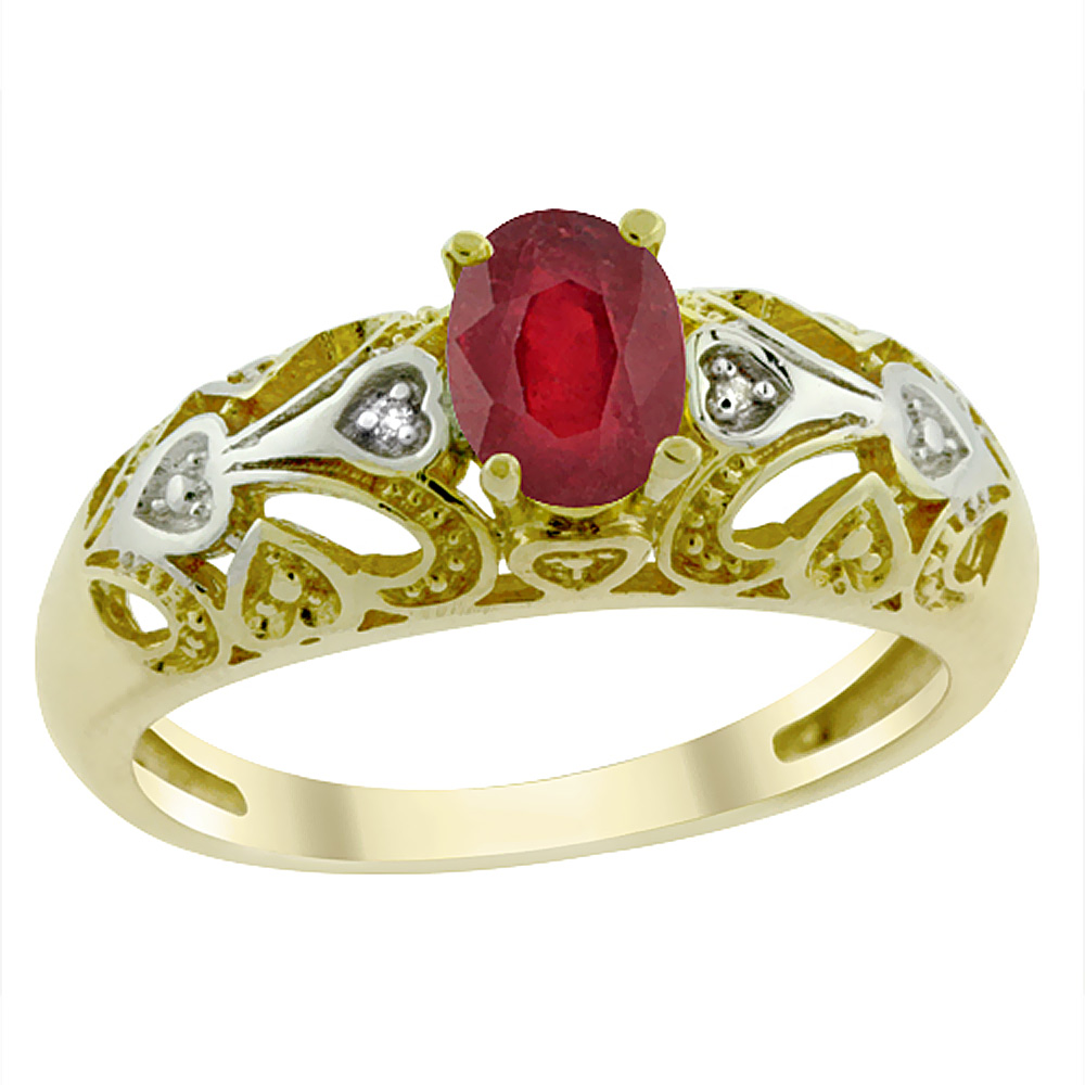 14K Yellow Gold Enhanced Ruby Ring Oval 6x4 mm Diamond Accent, sizes 5 - 10