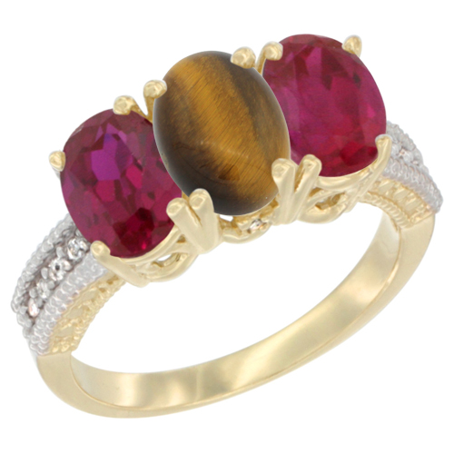 10K Yellow Gold Diamond Natural Tiger Eye & Enhanced Ruby Ring 3-Stone 7x5 mm Oval, sizes 5 - 10