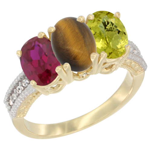 10K Yellow Gold Diamond Enhanced Ruby, Natural Tiger Eye & Lemon Quartz Ring 3-Stone 7x5 mm Oval, sizes 5 - 10