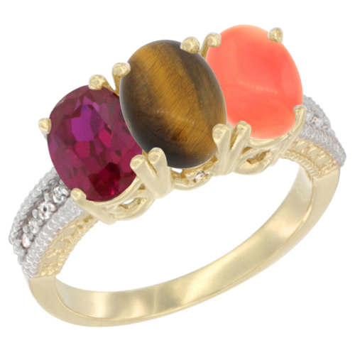 10K Yellow Gold Diamond Enhanced Ruby, Natural Tiger Eye & Coral Ring 3-Stone 7x5 mm Oval, sizes 5 - 10
