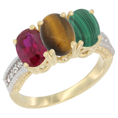 10K Yellow Gold Diamond Enhanced Ruby, Natural Tiger Eye & Malachite Ring 3-Stone 7x5 mm Oval, sizes 5 - 10