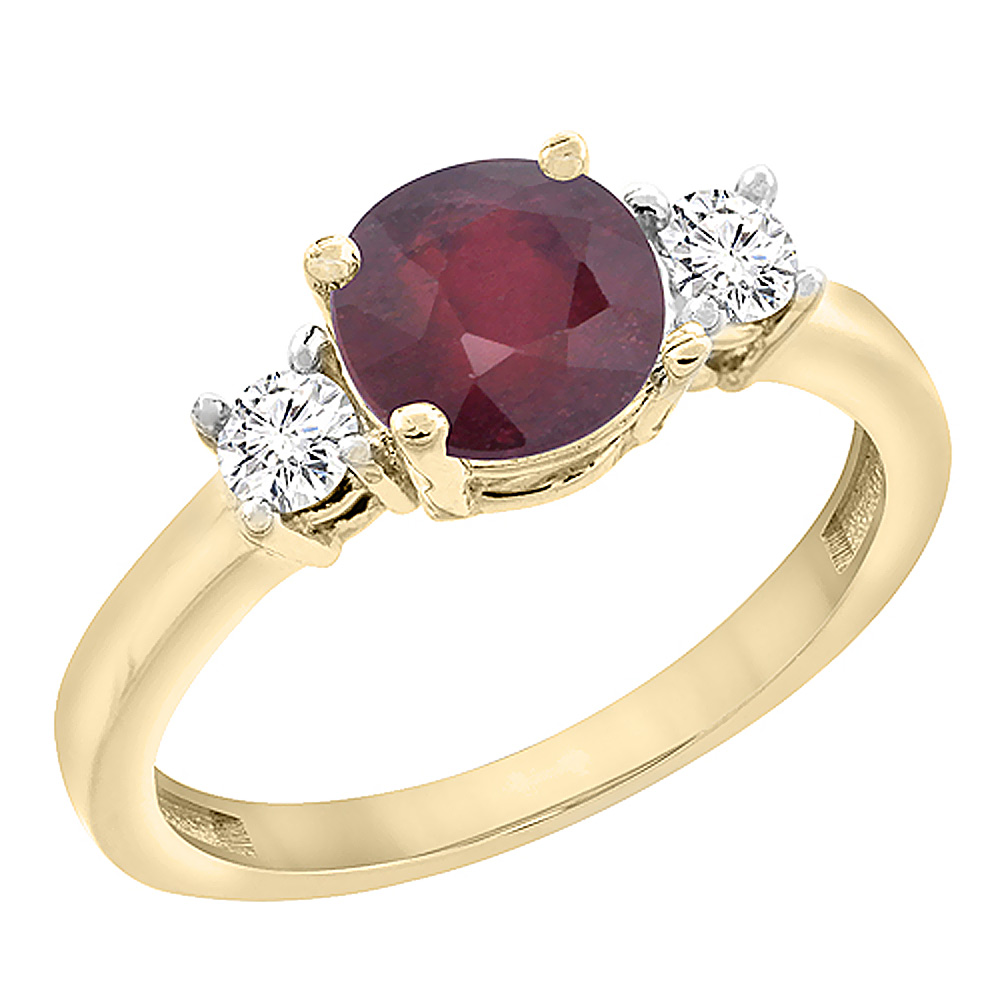14K Yellow Gold Diamond Enhanced Genuine Ruby Engagement Ring Round 7mm, sizes 5 to 10 with half sizes