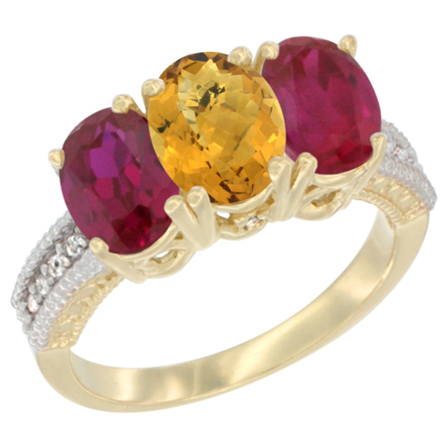 10K Yellow Gold Diamond Natural Whisky Quartz & Enhanced Ruby Ring 3-Stone 7x5 mm Oval, sizes 5 - 10