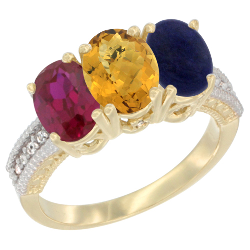 10K Yellow Gold Diamond Enhanced Ruby, Natural Whisky Quartz & Lapis Ring 3-Stone 7x5 mm Oval, sizes 5 - 10