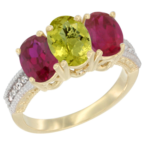 10K Yellow Gold Diamond Natural Lemon Quartz & Enhanced Ruby Ring 3-Stone 7x5 mm Oval, sizes 5 - 10