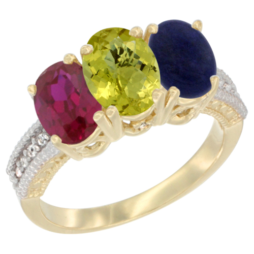 10K Yellow Gold Diamond Enhanced Ruby, Natural Lemon Quartz & Lapis Ring 3-Stone 7x5 mm Oval, sizes 5 - 10