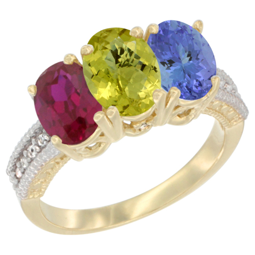 10K Yellow Gold Diamond Enhanced Ruby, Natural Lemon Quartz & Tanzanite Ring 3-Stone 7x5 mm Oval, sizes 5 - 10