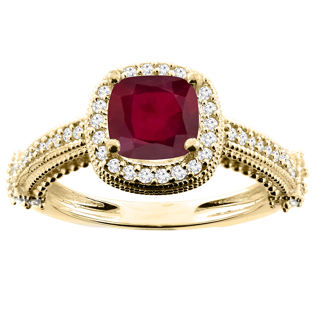 14K White/Yellow Gold Diamond and Enhanced Genuine Ruby Ring Cushion-cut 7x7mm, sizes 5 - 10