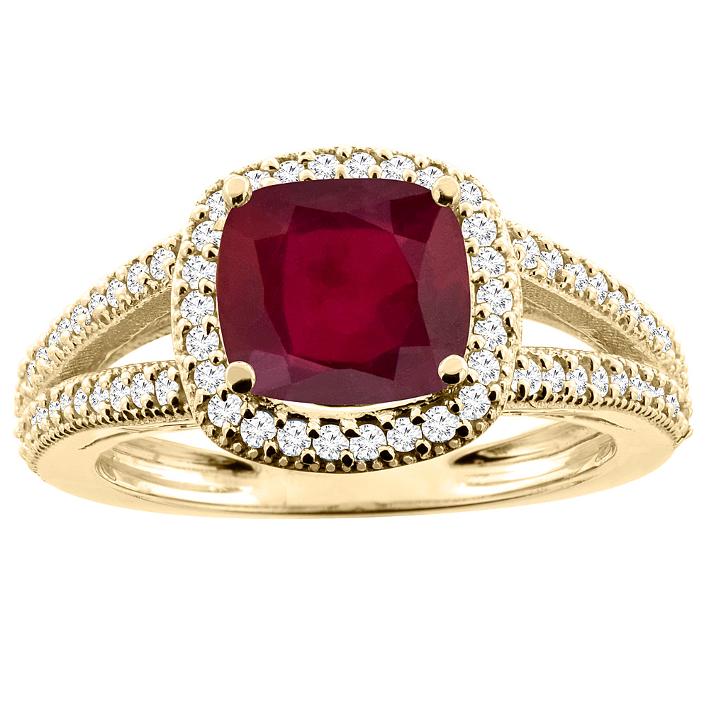 14K Yellow Gold Diamond and Enhanced Genuine Ruby Ring Cushion-cut 7x7mm, sizes 5 - 10