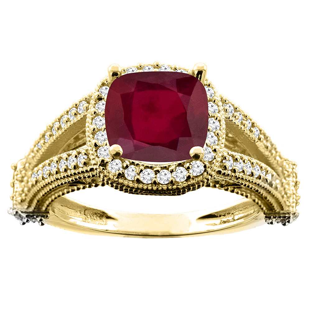 14K White/Yellow Gold Diamond and Enhanced Genuine Ruby Split Shank Ring Cushion-cut 7x7mm, sizes 5 - 10