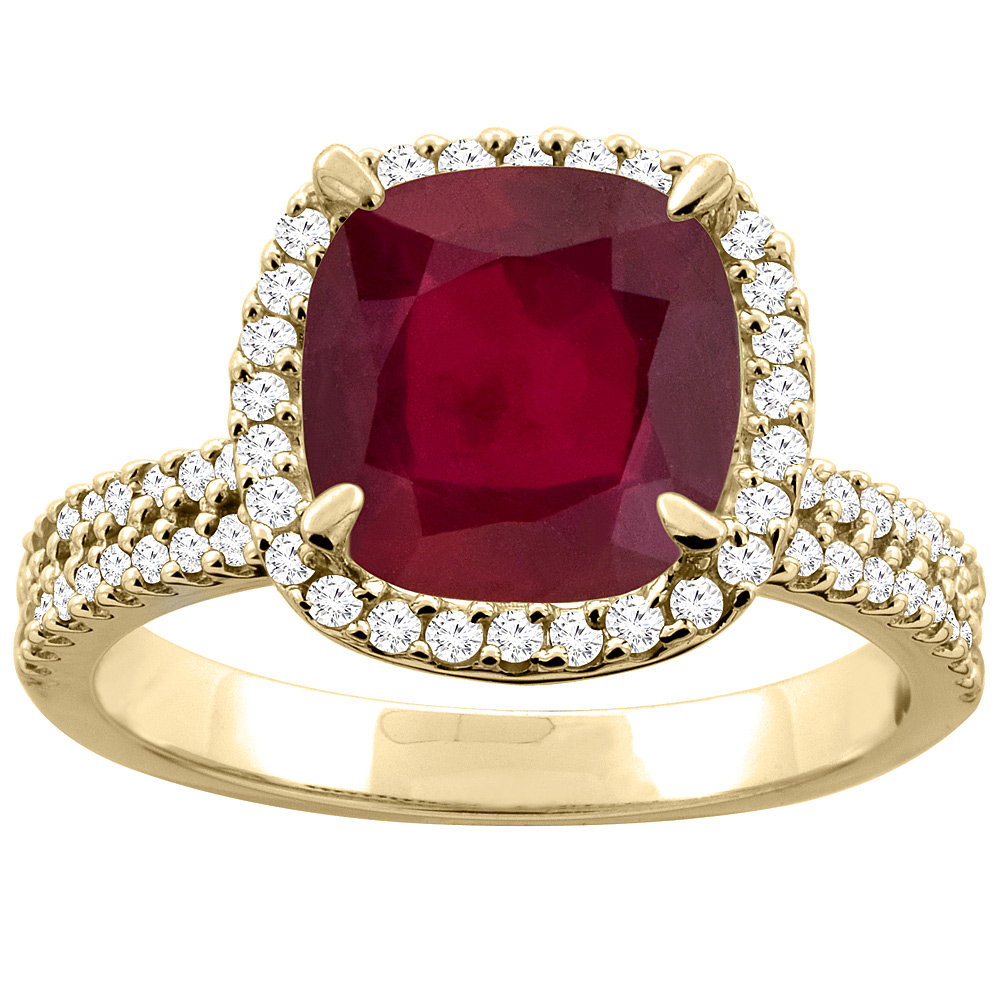 14K White/Yellow Gold Diamond and Enhanced Genuine Ruby Halo Ring Cushion-cut 9x9mm, sizes 5 - 10