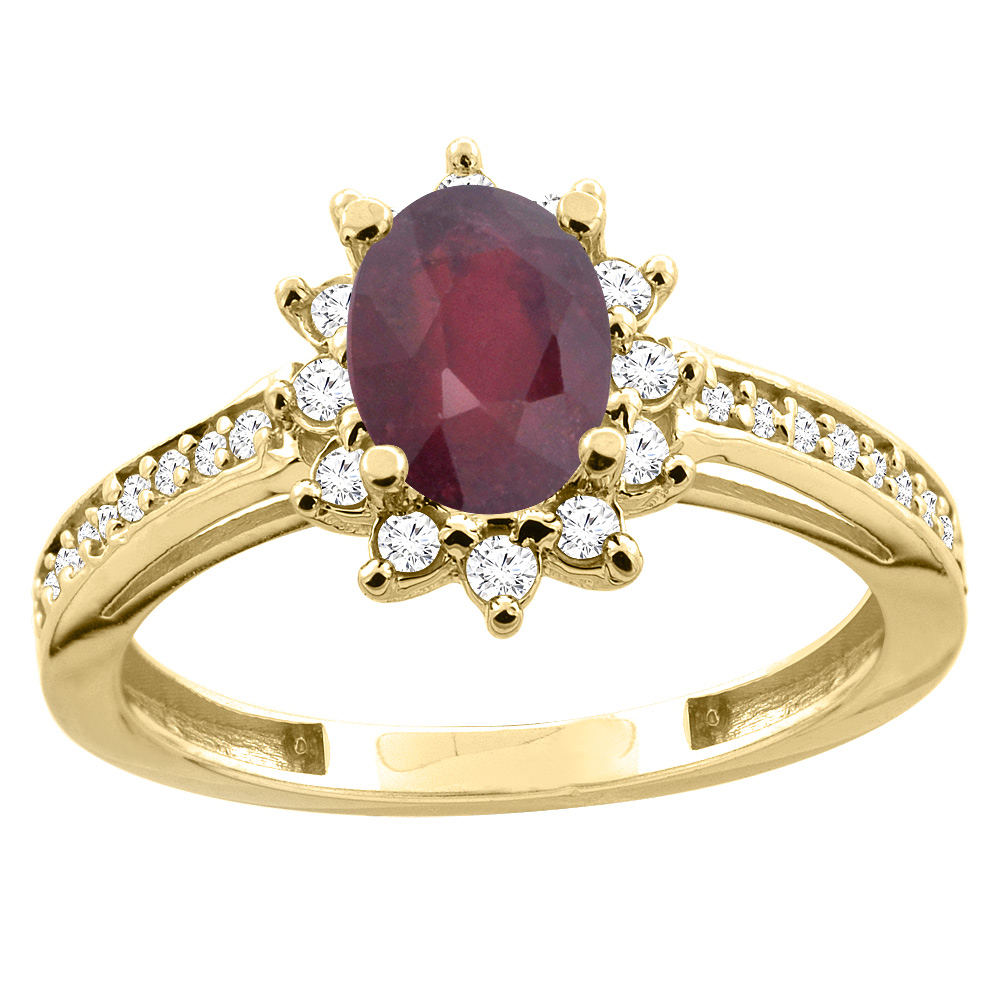 14K White/Yellow Gold Diamond Enhanced Genuine Ruby Floral Halo Engagement Ring Oval 7x5mm, sizes 5 - 10