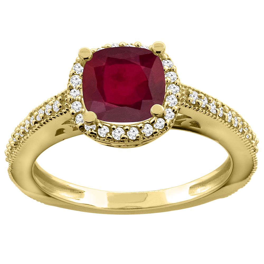 10K Gold Enhanced Genuine Ruby Engagement Ring Diamond Halo Cushion-cut 7x7mm, sizes 5 - 10