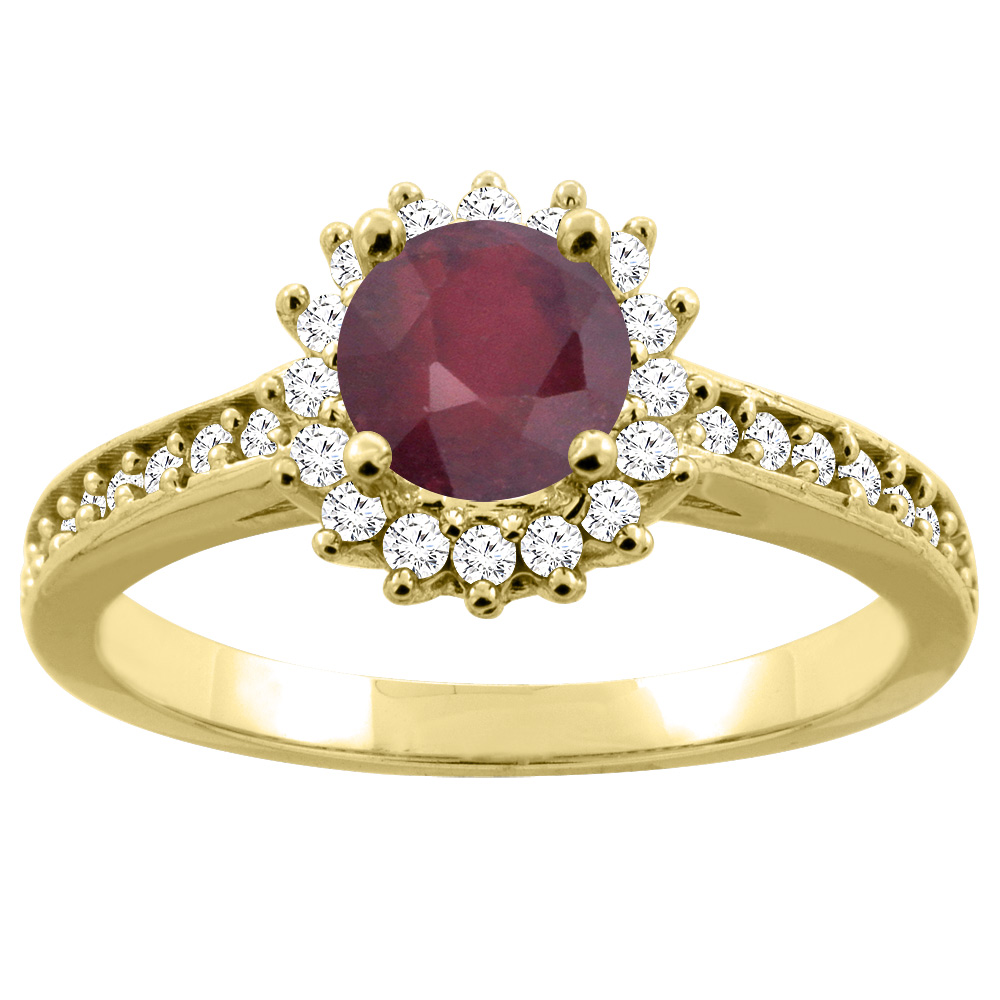 10K Gold Natural Enhanced Ruby Floral Halo Diamond Engagement Ring Round 6mm, sizes 5 - 10