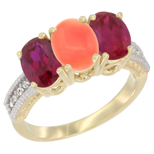 10K Yellow Gold Diamond Natural Coral & Enhanced Ruby Ring 3-Stone 7x5 mm Oval, sizes 5 - 10