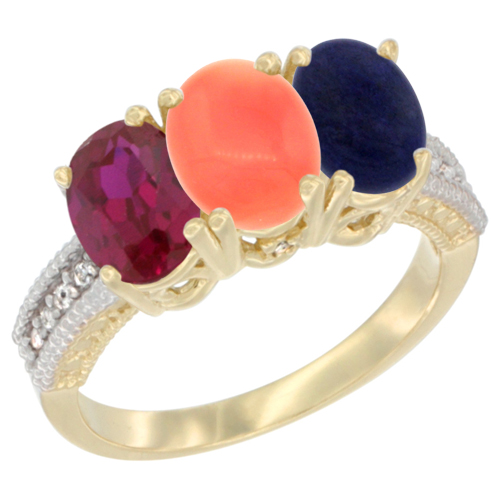 10K Yellow Gold Diamond Enhanced Ruby, Natural Coral & Lapis Ring 3-Stone 7x5 mm Oval, sizes 5 - 10