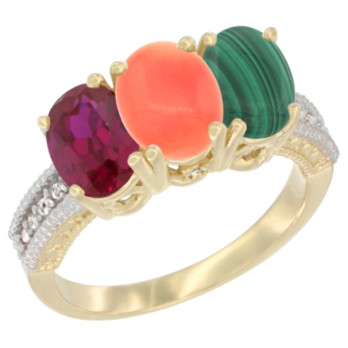 10K Yellow Gold Diamond Enhanced Ruby, Natural Coral & Malachite Ring 3-Stone 7x5 mm Oval, sizes 5 - 10
