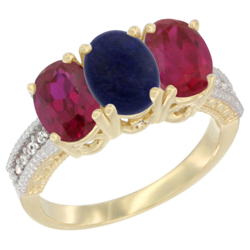 14K Yellow Gold Natural Lapis & Enhanced Ruby Sides Ring 3-Stone 7x5 mm Oval Diamond Accent, sizes 5 - 10