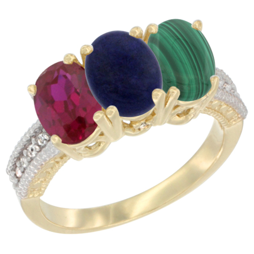 14K Yellow Gold Enhanced Ruby, Natural Lapis & Malachite Ring 3-Stone 7x5 mm Oval Diamond Accent, sizes 5 - 10