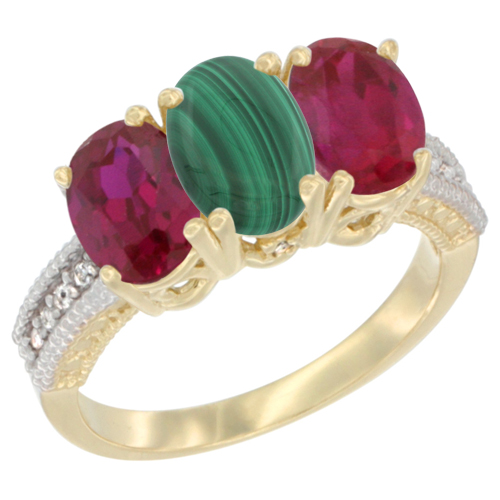 14K Yellow Gold Natural Malachite & Enhanced Ruby Sides Ring 3-Stone 7x5 mm Oval Diamond Accent, sizes 5 - 10