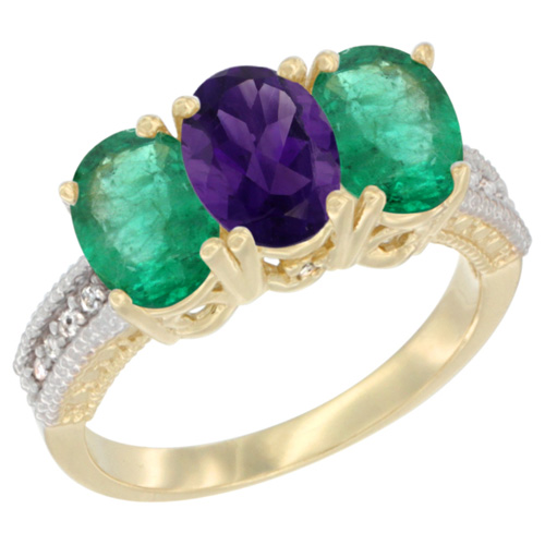 10K Yellow Gold Diamond Natural Amethyst & Emerald Ring 3-Stone 7x5 mm Oval, sizes 5 - 10